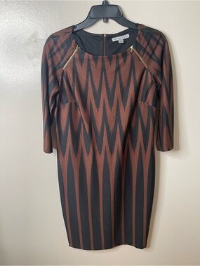 Brown and Black Zigzag Sheath Dress with Gold Zip Accents